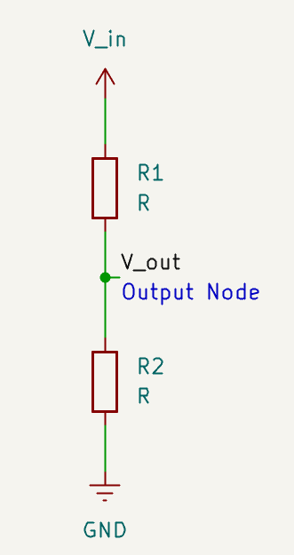 Two resistors R1 and R2 wired in series between V_in and GND, with V_out taken from the junction between them